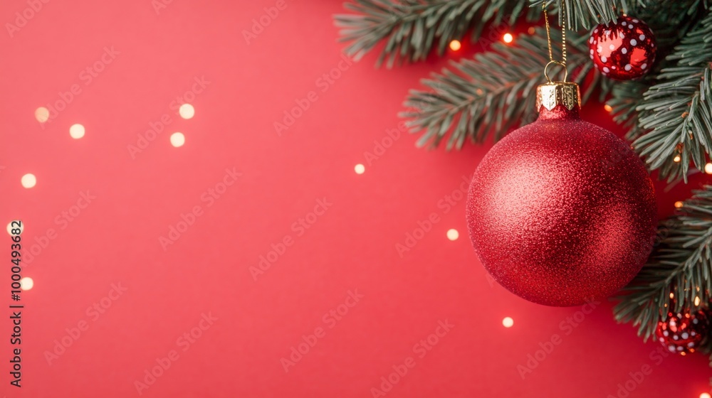 Red Christmas ornaments hanging from a pine branch with lights in the background. A classic holiday scene filled with festive warmth. Red Christmas ornaments hanging from a pine branch with lights in the background. A classic holiday scene filled with festive warmth.
