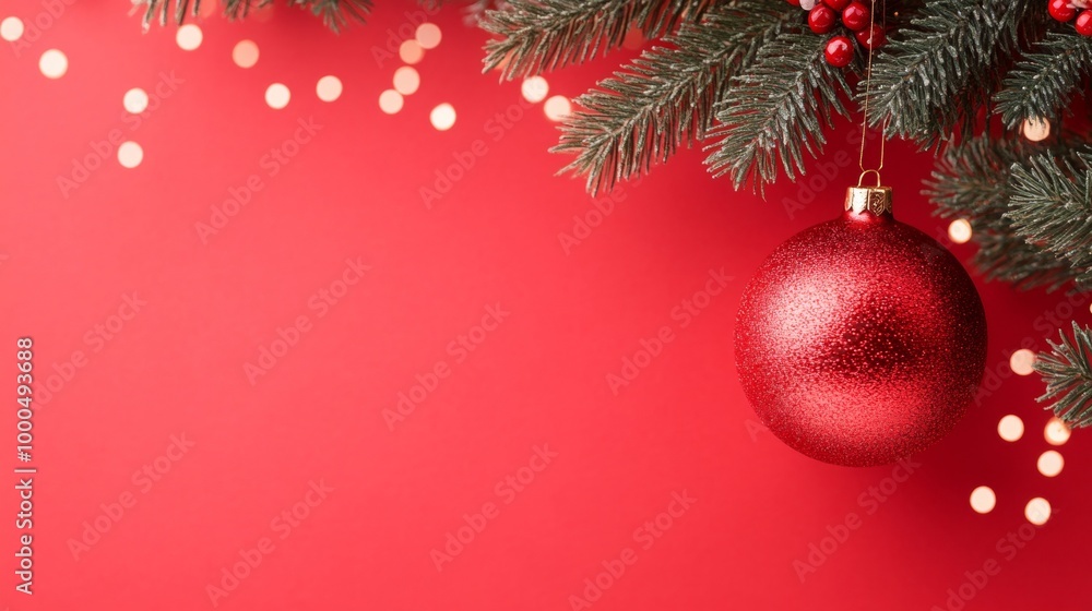 Red Christmas ornaments hanging from a pine branch with lights in the background. A classic holiday scene filled with festive warmth. Red Christmas ornaments hanging from a pine branch with lights in the background. A classic holiday scene filled with festive warmth.