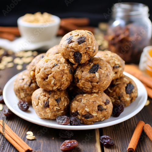  Pile of oatmeal raisin power ball cookies stacked on a white plate, surrounded by scattered oats, raisins, and cinnamon sticks on a wooden table