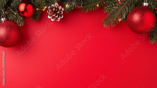 Red Christmas ornaments hanging from a pine branch with lights in the background. A classic holiday scene filled with festive warmth.