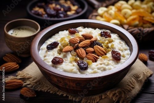 Bowl of creamy oatmeal topped with almonds, raisins, and dried fruits, served on a rustic table with additional nuts and dried fruits in the background