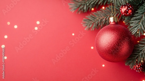 Red Christmas ornaments hanging from a pine branch with lights in the background. A classic holiday scene filled with festive warmth.