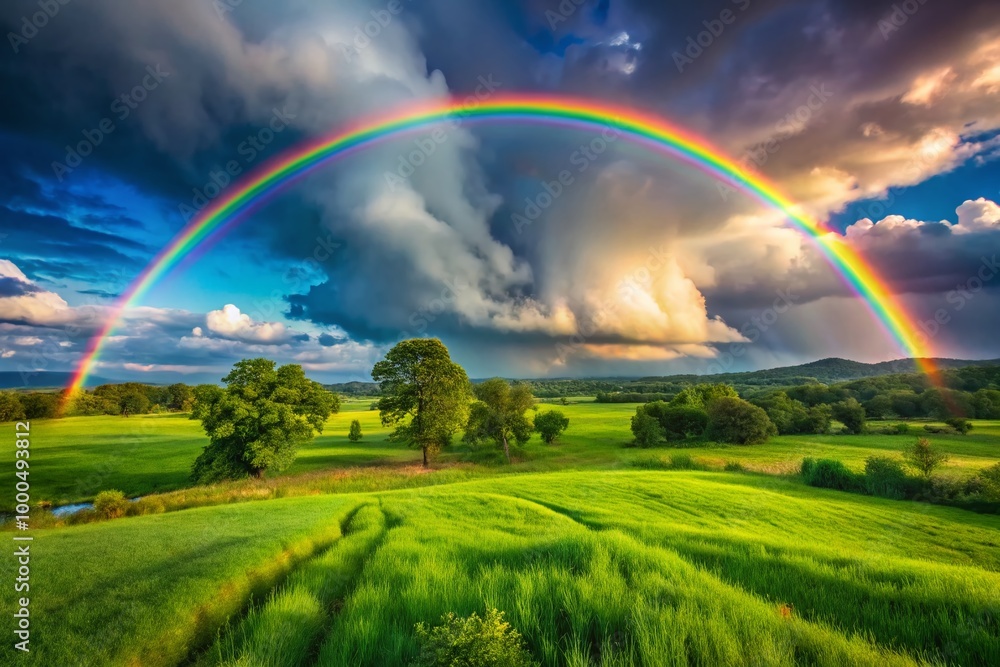 Majestic Rainbow Arching Over a Lush Green Landscape After a Refreshing Rain Shower in Nature Majestic Rainbow Arching Over a Lush Green Landscape After a Refreshing Rain Shower in Nature