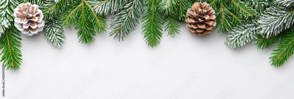Snow-dusted pine branches and frosted pinecones arranged against a white background for a fresh winter display. Snow-dusted pine branches and frosted pinecones arranged against a white background for a fresh winter display.