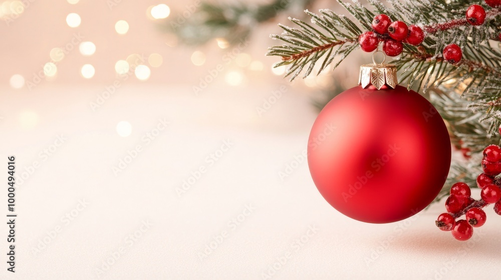 Obraz premium Red Christmas ornament hanging from a frosted pine branch. Warm lights in the background create a soft bokeh effect