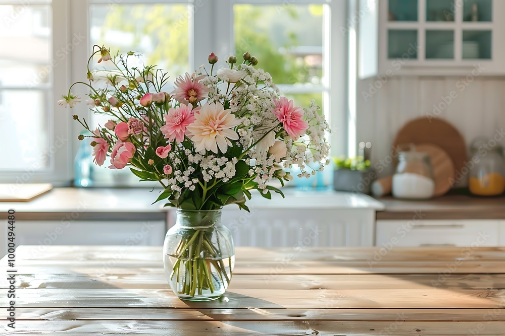 Bouquet of flowers in a vase on a wooden kitchen table Bouquet of flowers in a vase on a wooden kitchen table