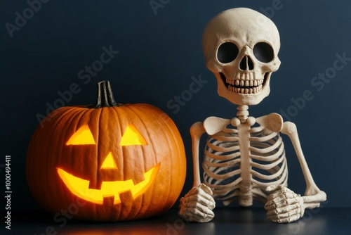 Classic skeleton figure with a jack o lantern beside it on a dark surface illuminated by soft lighting creating a traditional Halloween scene