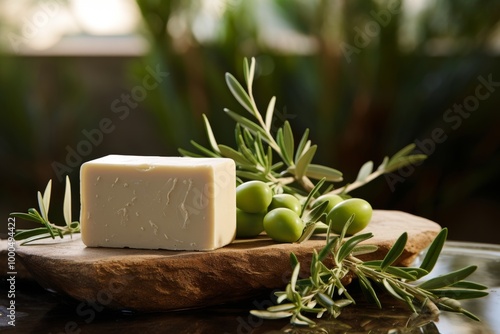 Wallpaper Mural 
Handmade bar of olive oil soap placed on a rustic wooden slab with fresh green olives and olive branches, photographed in natural light with a blurred background Torontodigital.ca
