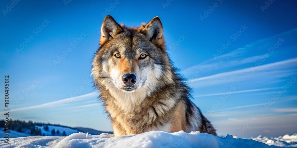 Majestic Wolf Staring Intently in a Snowy Landscape Under a Clear Blue Sky in Winter Wilderness Majestic Wolf Staring Intently in a Snowy Landscape Under a Clear Blue Sky in Winter Wilderness