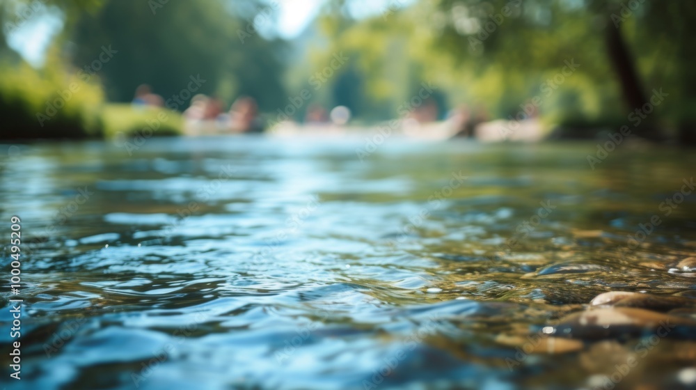 Fototapeta premium A tranquil shallow stream with clear water flows through a scenic park on a sunny day. Trees and blurred figures in the background contribute to a peaceful, outdoor atmosphere.