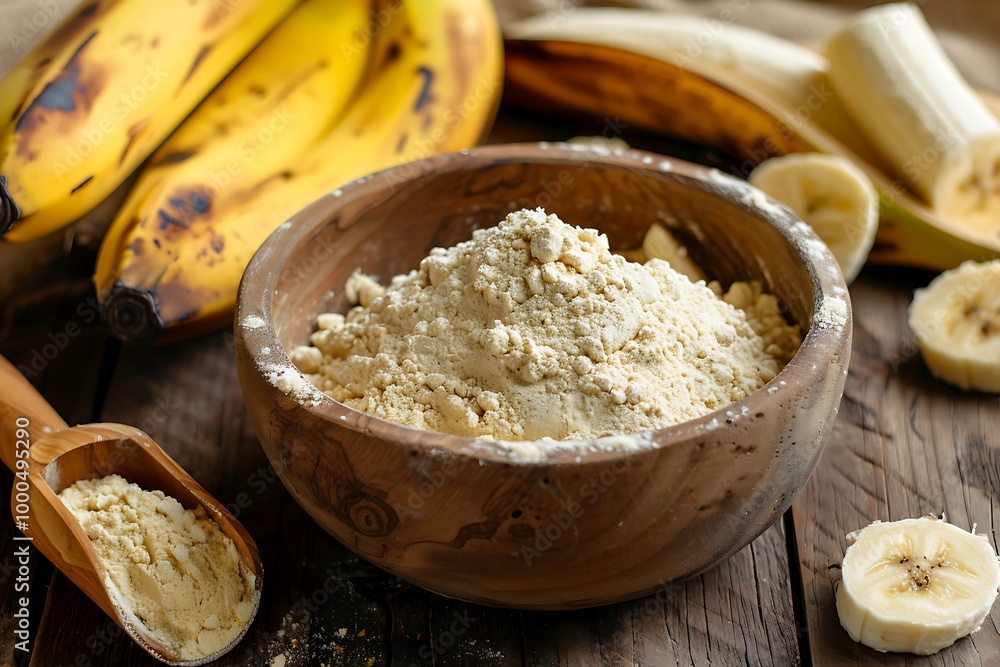 Bowl with flour and bananas on wooden table Bowl with flour and bananas on wooden table