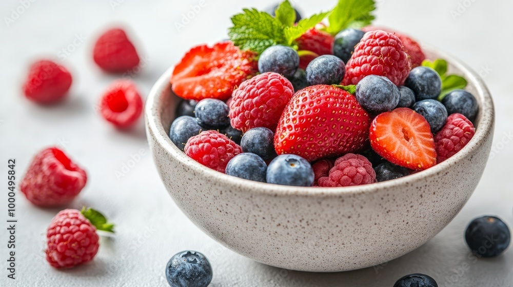 Fresh berries in a bowl on a white background, selective focus. Fresh berries in a bowl on a white background, selective focus.