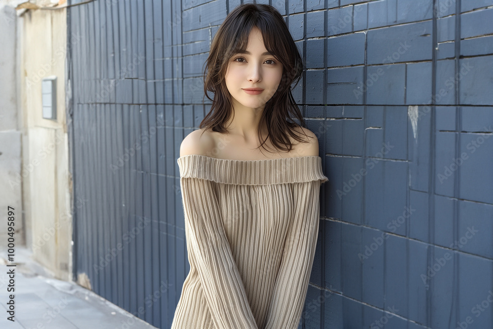 Fototapeta premium ベージュニットが映える大人可愛い女性