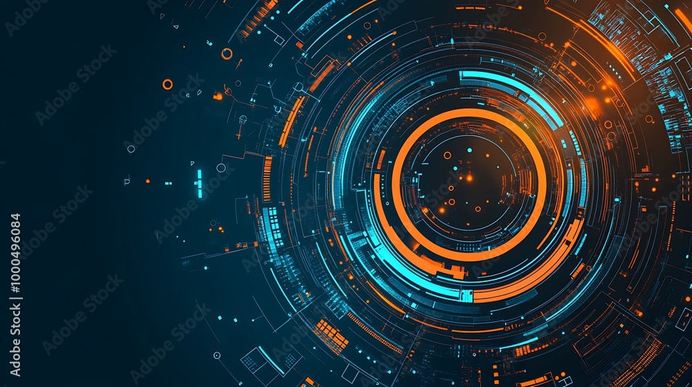 Fototapeta premium Abstract digital technology background with glowing orange and blue circles.