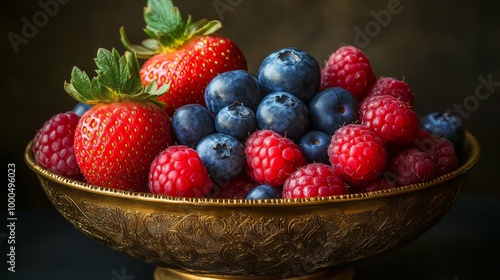 Ripe blueberries and raspberries in a golden bowl on a dark background