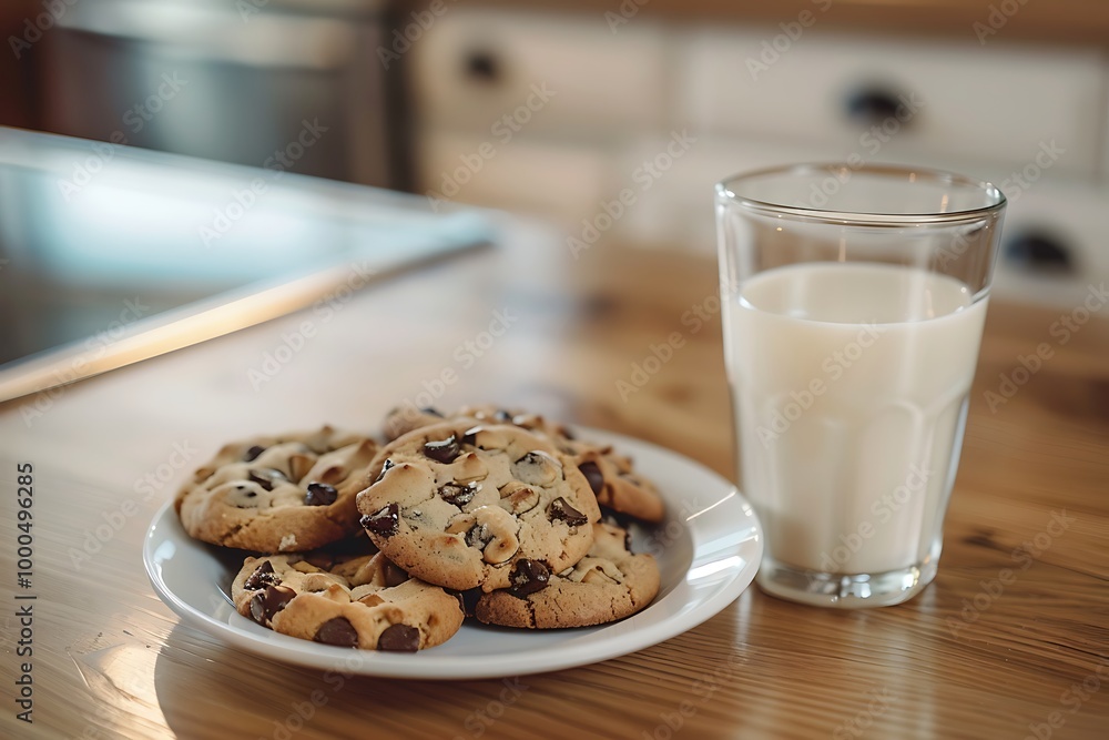 Chocolate chip cookies and a glass of milk on a wooden table Chocolate chip cookies and a glass of milk on a wooden table