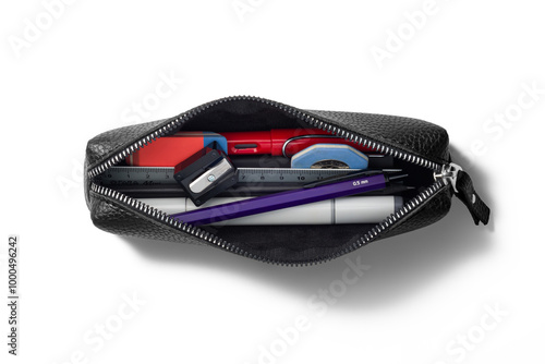 Картината върху платно Top view opened pencil case containing various pens, markers, pencils, ruler and erasers isolated on a transparent background, PNG