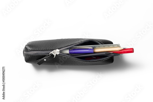 Bilde på lerret Top view opened pencil case containing various pens, markers, pencils, ruler and erasers isolated on a transparent background, PNG