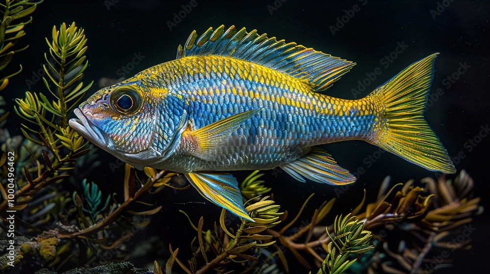 Vibrant Cichlid Fish Swimming in a Coral Reef Vibrant Cichlid Fish Swimming in a Coral Reef