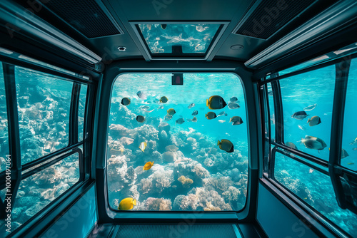 Alpine Aerial View: A Cable Car with Large Windows Showcasing a Crystal-Clear Mountain Lake