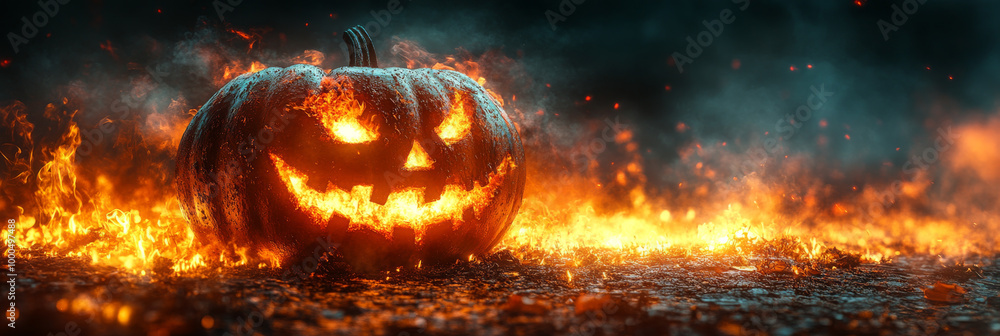 Fiery jack-o'-lantern in a blazing inferno. Fiery jack-o'-lantern in a blazing inferno.