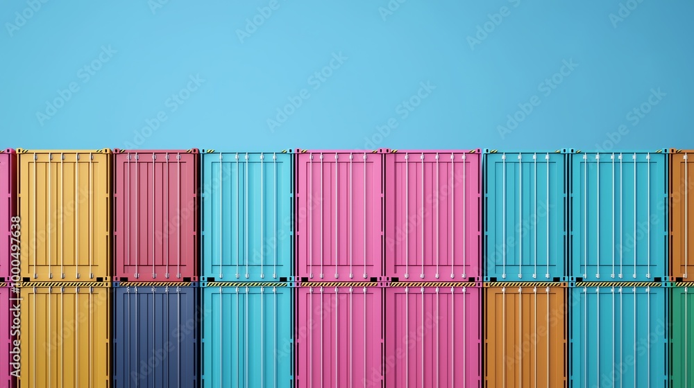 Shipping containers piled up against a barrier, halted exports, 3D illustration Shipping containers piled up against a barrier, halted exports, 3D illustration