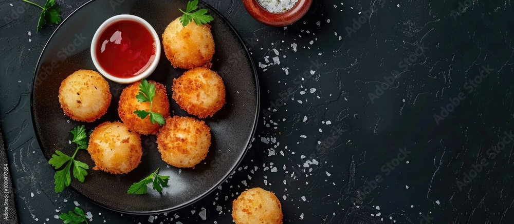 Fried Cheese Balls With Sauce On Plate Food Menu Background Fried Cheese Balls With Sauce On Plate Food Menu Background