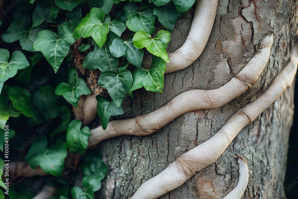 Naklejka premium Botanical Embrace: A Close-up of a Tree Trunk Entwined with Winding Ivy Vines
