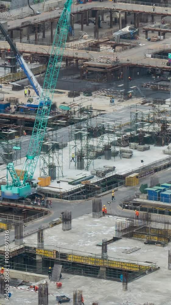 Time lapse of construction site with heavy construction machinery in metropolis captured during the early stage of mega construction project . Time lapse of construction site with heavy construction machinery in metropolis captured during the early stage of mega construction project .