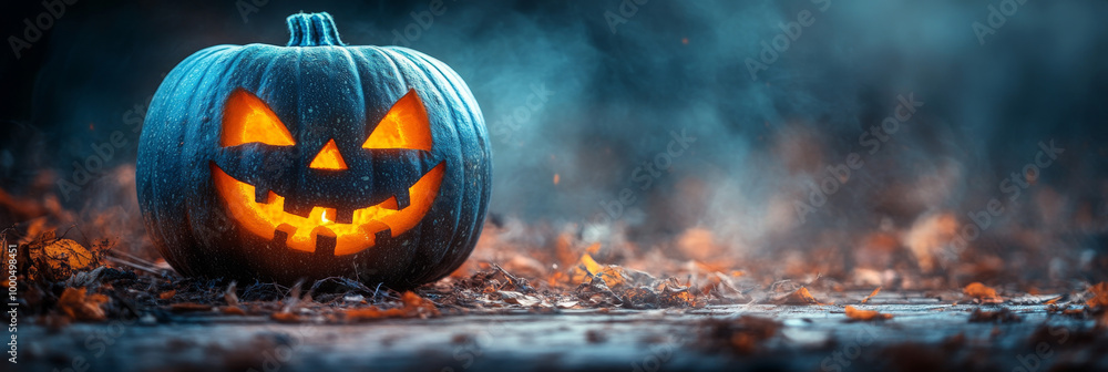 A carved pumpkin with a spooky grin glows in the darkness, surrounded by fallen leaves and wisps of smoke. A carved pumpkin with a spooky grin glows in the darkness, surrounded by fallen leaves and wisps of smoke.