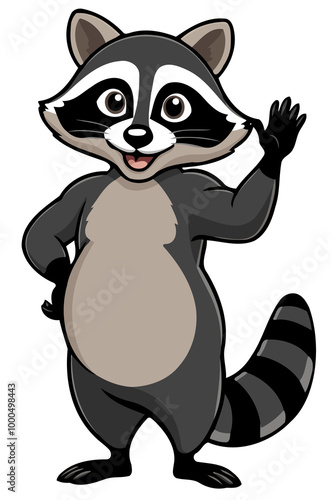 Illustration of a cartoon raccoon waving on transparent background.