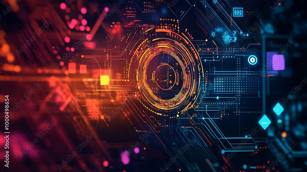 Obraz premium Abstract digital technology background with glowing lines, circles and squares.
