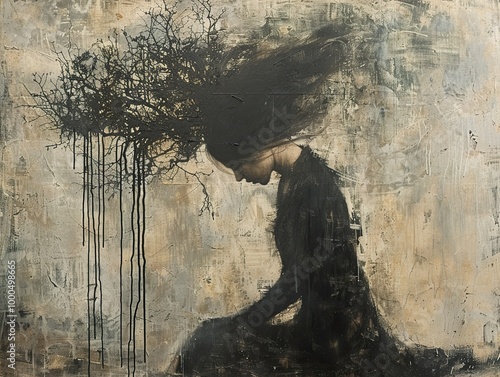 Melancholy Figure with Tree Branches - Abstract Painting