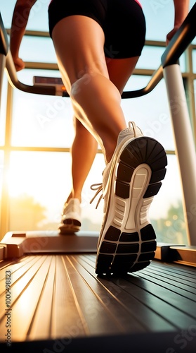 Close-up of man feet on a treadmill running at the gym or at home (22) photo