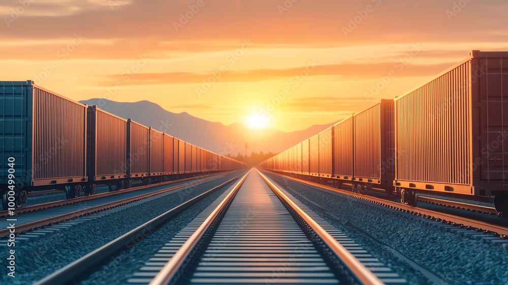 Empty cargo train waiting at a closed station near a trade border, sun setting behind the mountains, panoramic view Empty cargo train waiting at a closed station near a trade border, sun setting behind the mountains, panoramic view