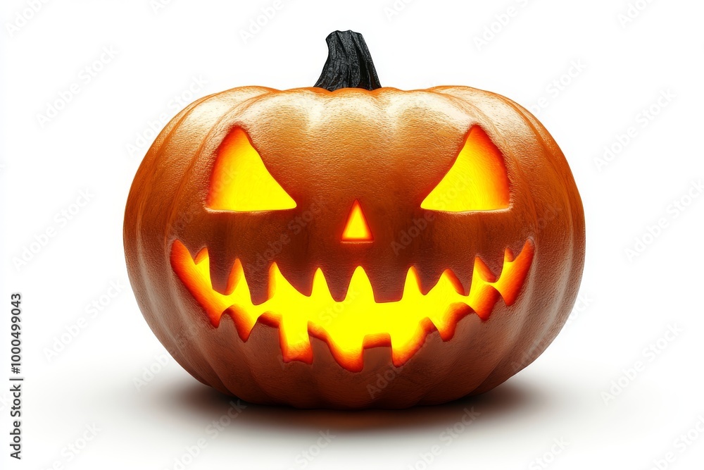 Carved jack o lantern glowing brightly with an exaggerated sinister grin set against a plain white background emphasizing its sharp features and eerie glow Carved jack o lantern glowing brightly with an exaggerated sinister grin set against a plain white background emphasizing its sharp features and eerie glow