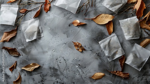 Flat lay composition with tea bags and autumn leaves on grey background photo