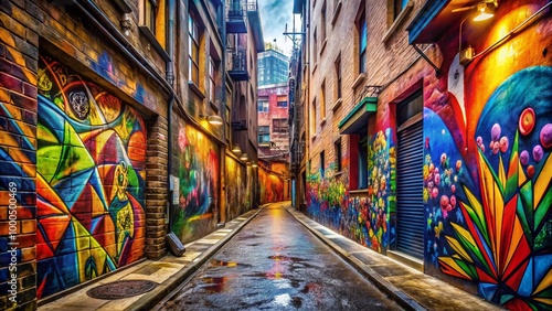 Narrow Alleyway with Vibrant Street Art and Textured Walls in an Urban Environment