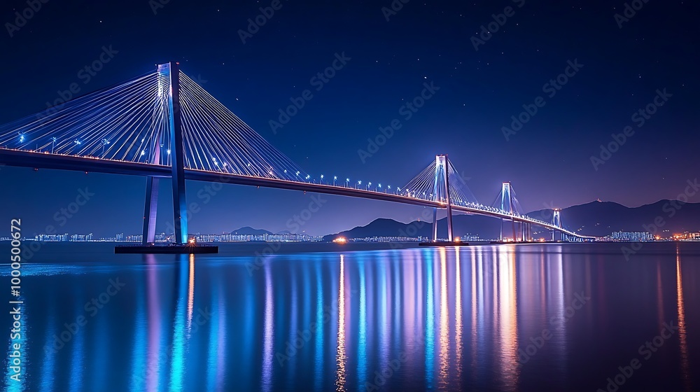 Obraz premium A modern suspension bridge illuminated at night with its reflection in the calm water.