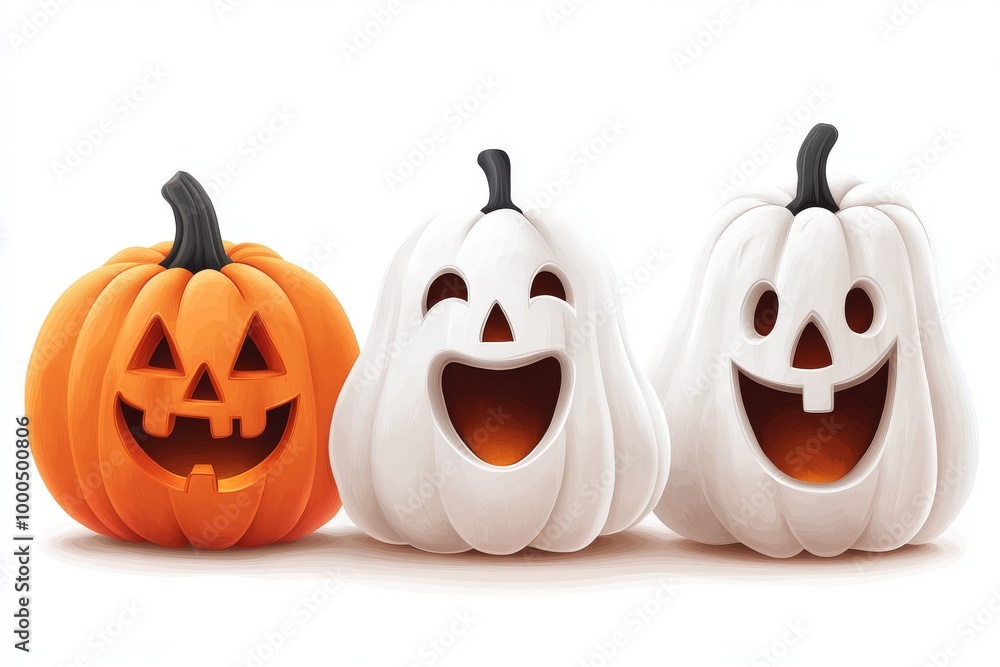 Two pumpkins one orange and one white both carved with happy faces creating a playful and lighthearted Halloween scene perfect for friendly and festive decorations Two pumpkins one orange and one white both carved with happy faces creating a playful and lighthearted Halloween scene perfect for friendly and festive decorations