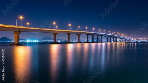 A long bridge stretches across a calm body of water at night, illuminated by streetlights, reflecting in the water.