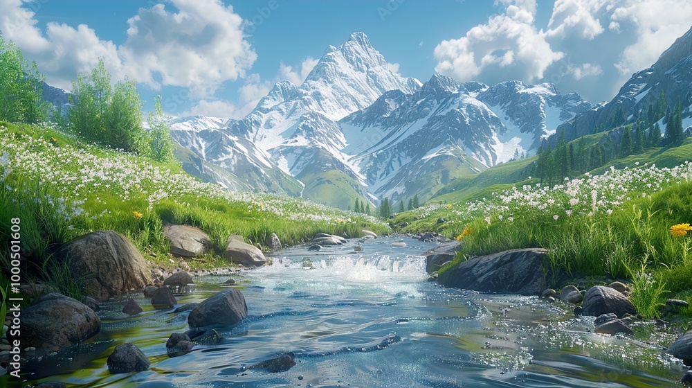 Serene Mountain Stream with Wildflowers Serene Mountain Stream with Wildflowers