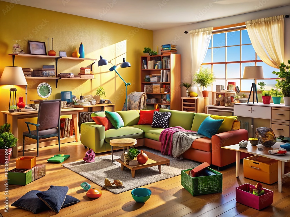 Overcoming Clutter: A View of Cramped Space Filled with Furniture and Household Items in Disarray Overcoming Clutter: A View of Cramped Space Filled with Furniture and Household Items in Disarray
