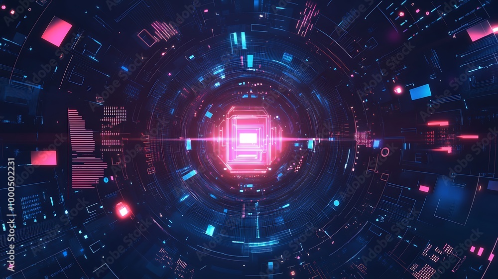 Obraz premium Abstract digital tunnel with glowing lights in pink and blue.