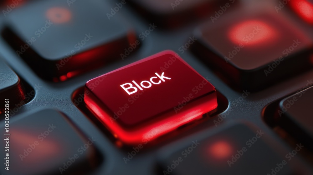 A close-up of a modern keyboard featuring a red block key, surrounded by glowing lights, symbolizing the concept of blocking, restriction, and technology in a digital environment. A close-up of a modern keyboard featuring a red block key, surrounded by glowing lights, symbolizing the concept of blocking, restriction, and technology in a digital environment.