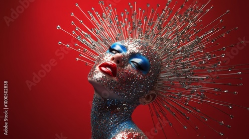 An abstract depiction of a woman with blue makeup, red lips, and glitter-covered skin, adorned with an array of pins radiating from her head, set against a bright red background. photo