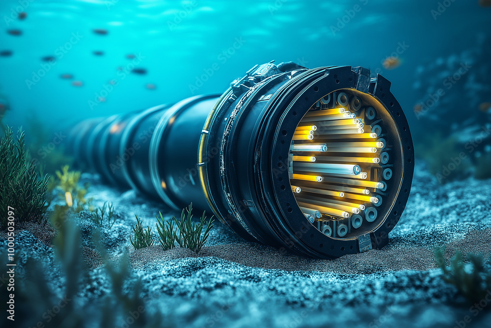 A detailed illustration of an underwater fiber optic cable ...