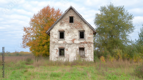 A crumbling, abandoned house with missing windows stands in a grassy field, surrounded by colorful autumn trees under a cloudy sky