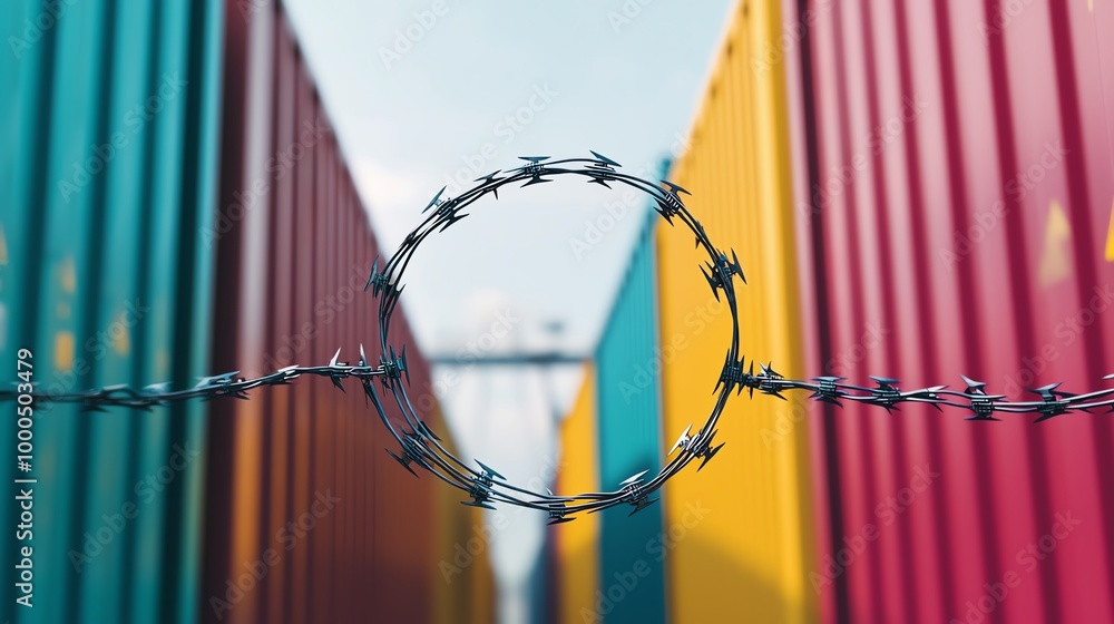 Barbed wire surrounding shipping containers, trade restriction, economic sanctions on global commerce Barbed wire surrounding shipping containers, trade restriction, economic sanctions on global commerce