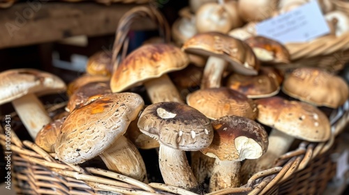 A wicker basket filled with fresh, earthy mushrooms is displayed prominently in a rustic market setting, showcasing a natural and appealing assortment for potential buyers.